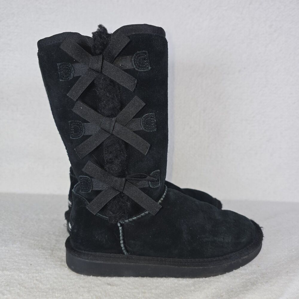Koolaburra By Ugg Victoria Girls Size 3 Black Suede Fur Lined With Bows #1090330 - Picture 6 of 8